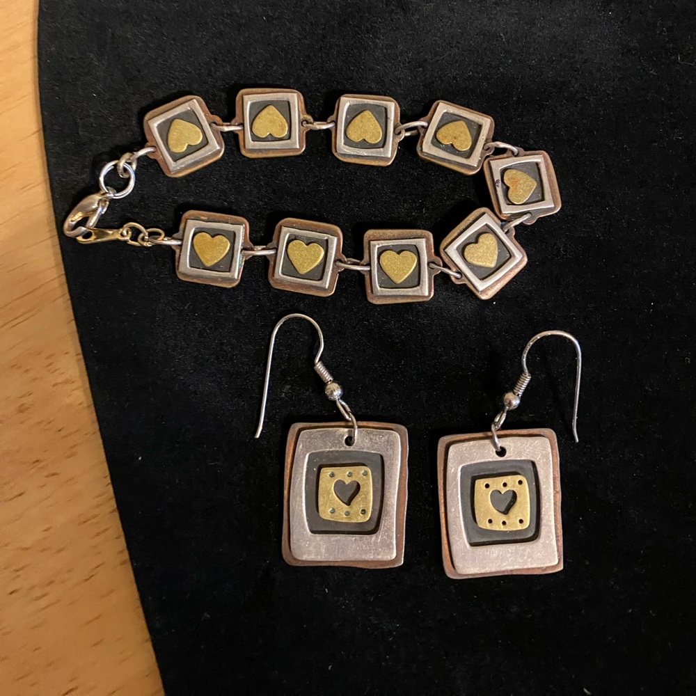 Silver Gold and Copper Heart Bracelet and Earrings
